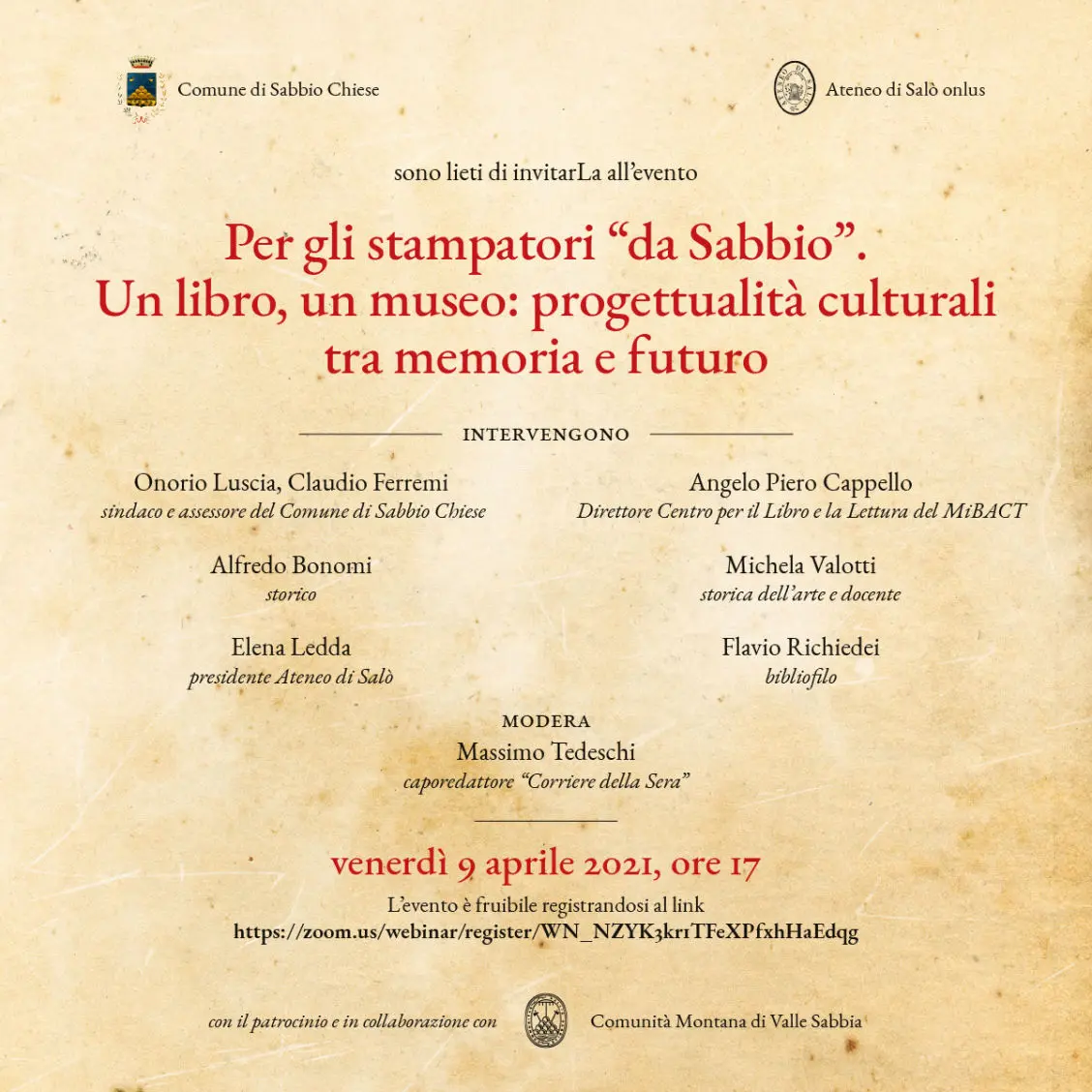 Invio evento online “Per gli stampatori ‘da Sabbio’. Un libro, un museo: progettualità culturali tra memoria e futuro” - Museo Stampatori «da Sabbio»